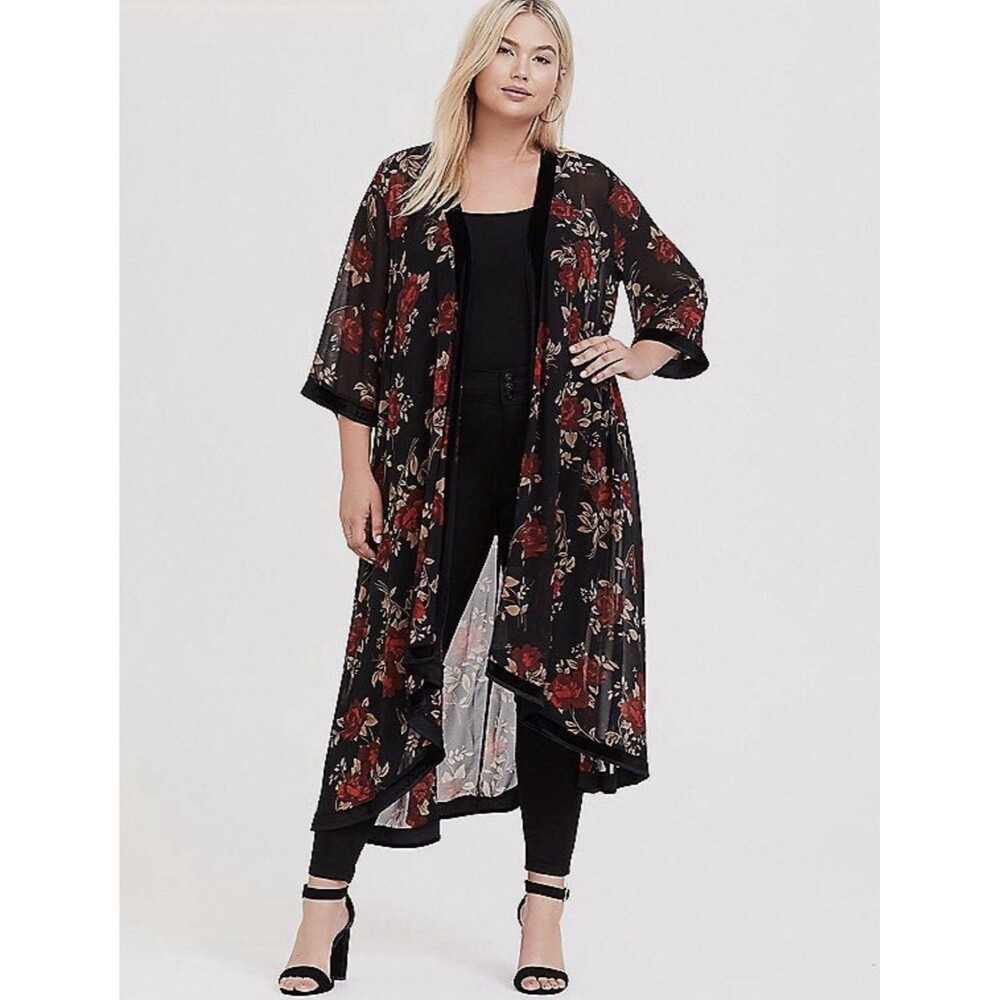 Torrid Floral Rose Chiffon Maxi Duster Jacket Velvet Trim Kimono Wrap Plus 3X 4X